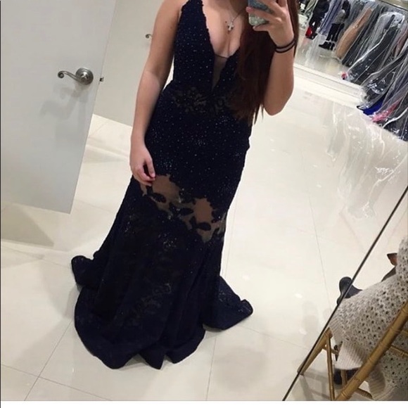 JOVANI NAVY BLUE SLEEVELESS SHEER DRESS 36074 - Picture 5 of 5